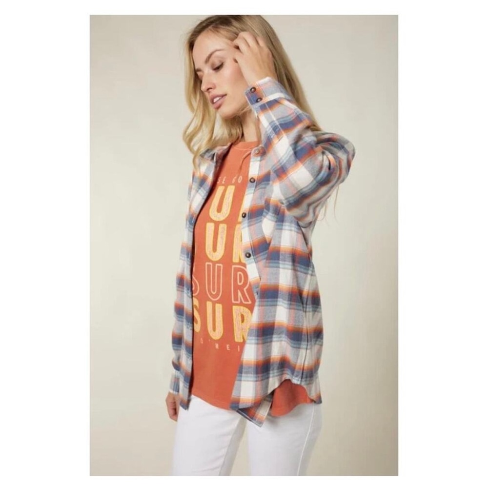 Oneill Logan Plaid Flannel Shirt Medium Button front shirt Blue white Womens